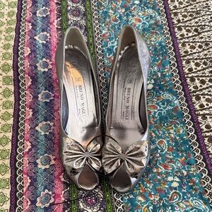 Bruno Magli Silver Metallic Peep-Toe Bow Pumps